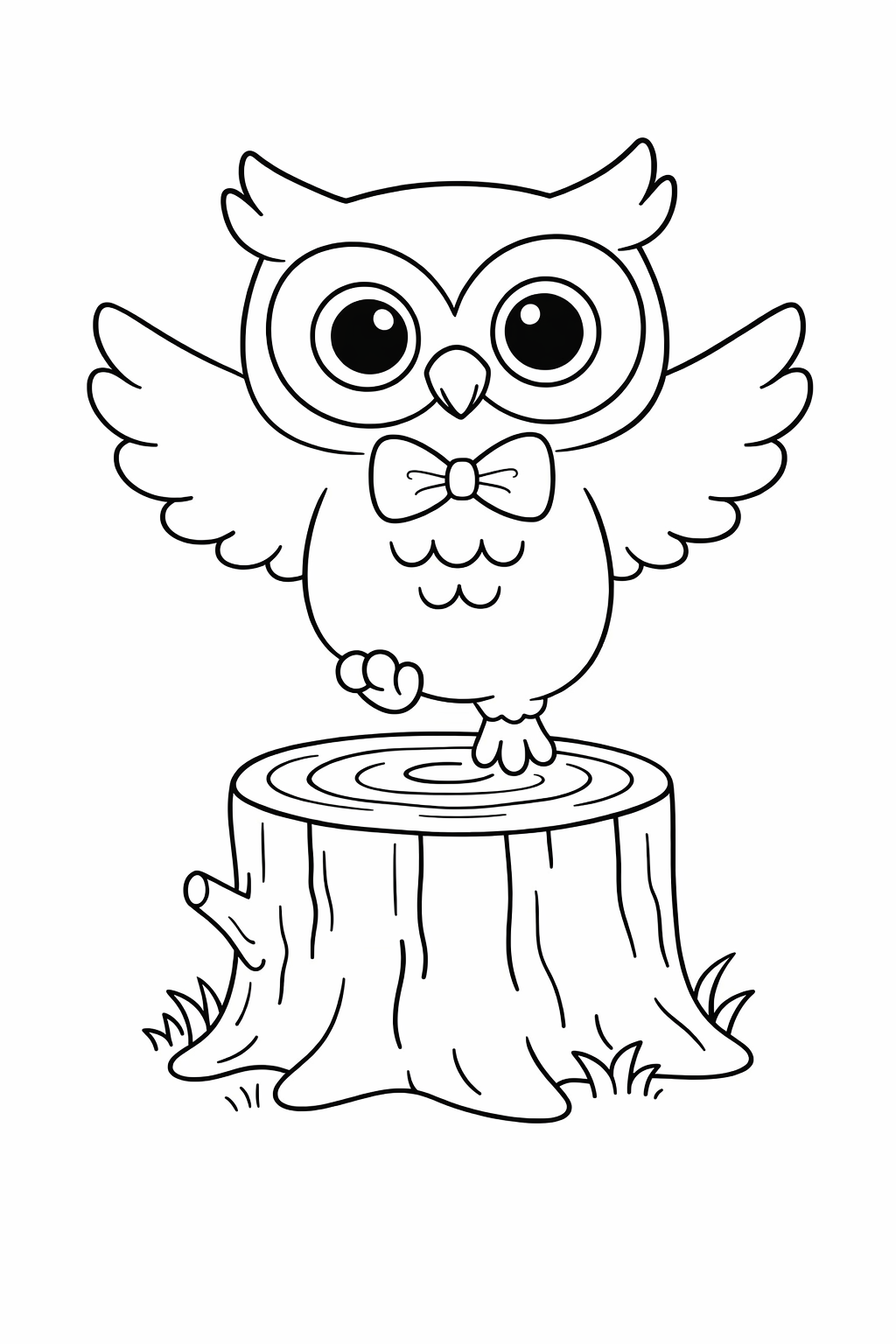 A cute owl landing softly on a tree stump