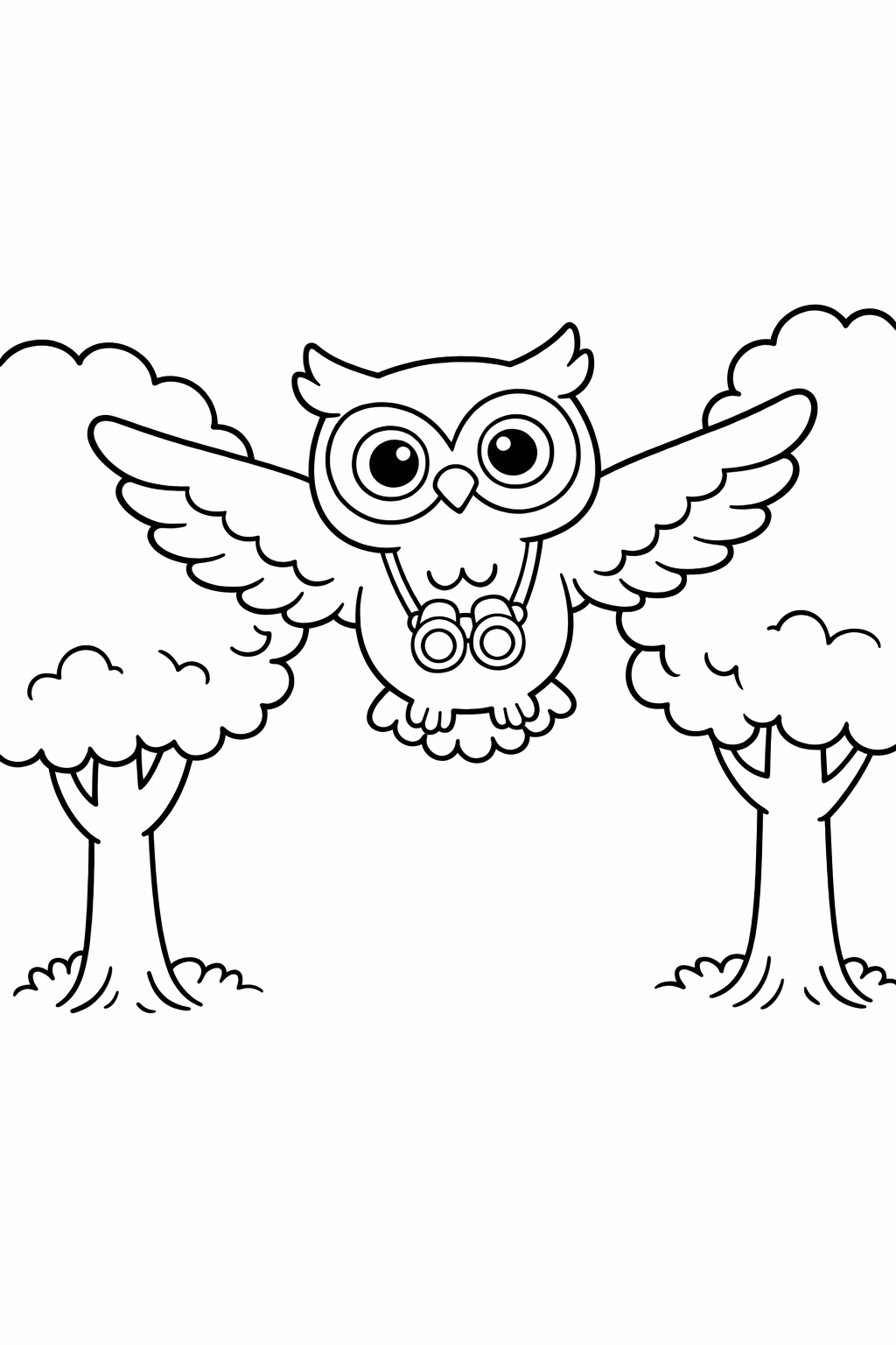 A cute owl gliding between two trees