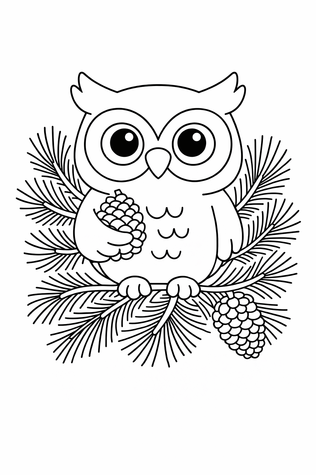 A cute owl nesting in pine branches