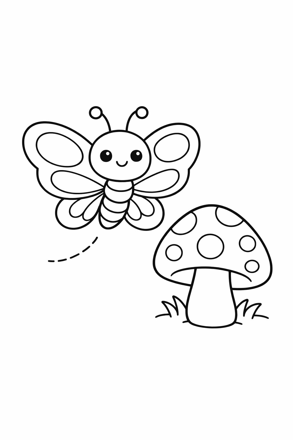 A cute butterfly flying past a mushroom