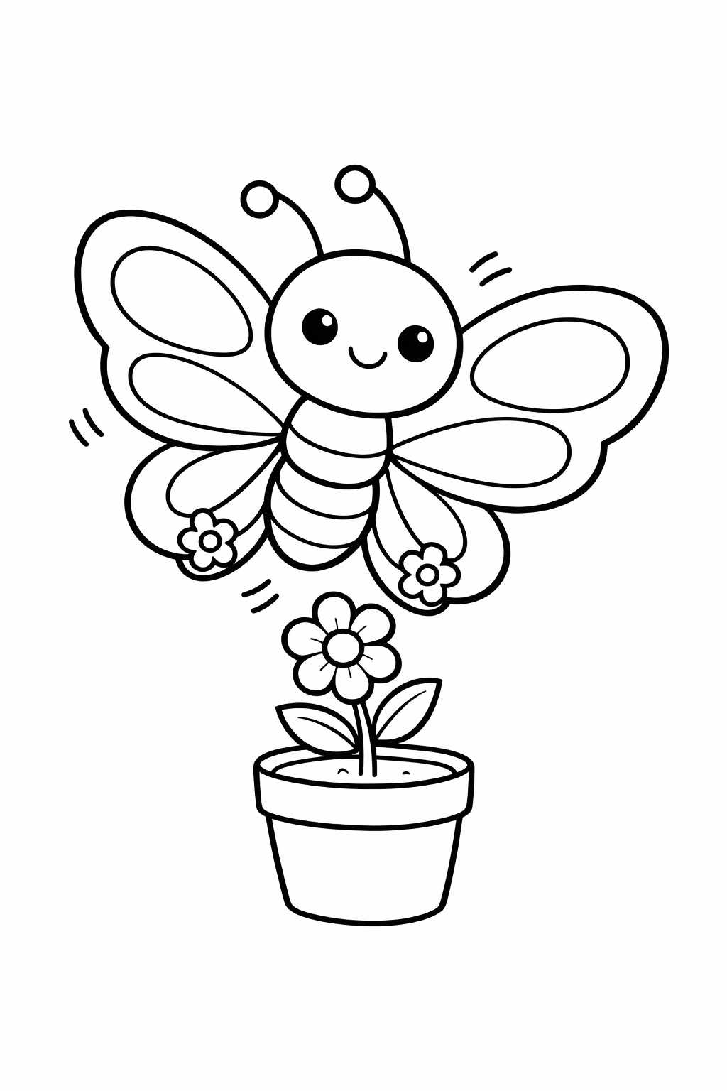 A cute butterfly fluttering around a flower pot