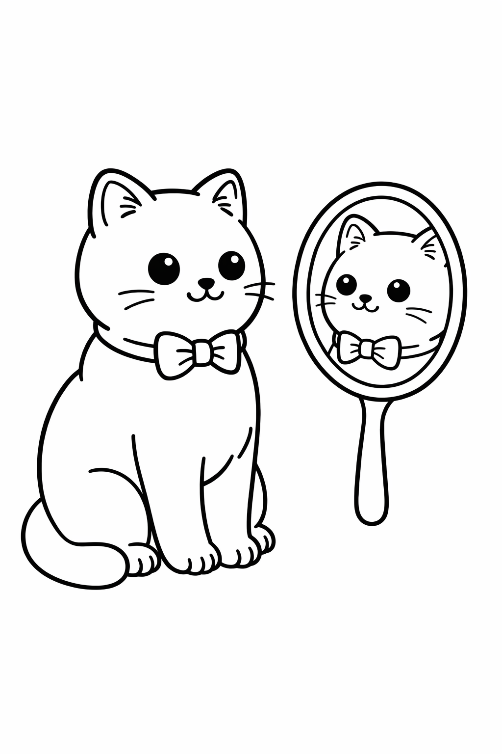 A British Shorthair cat looking into a small mirror (simple oval mirror).