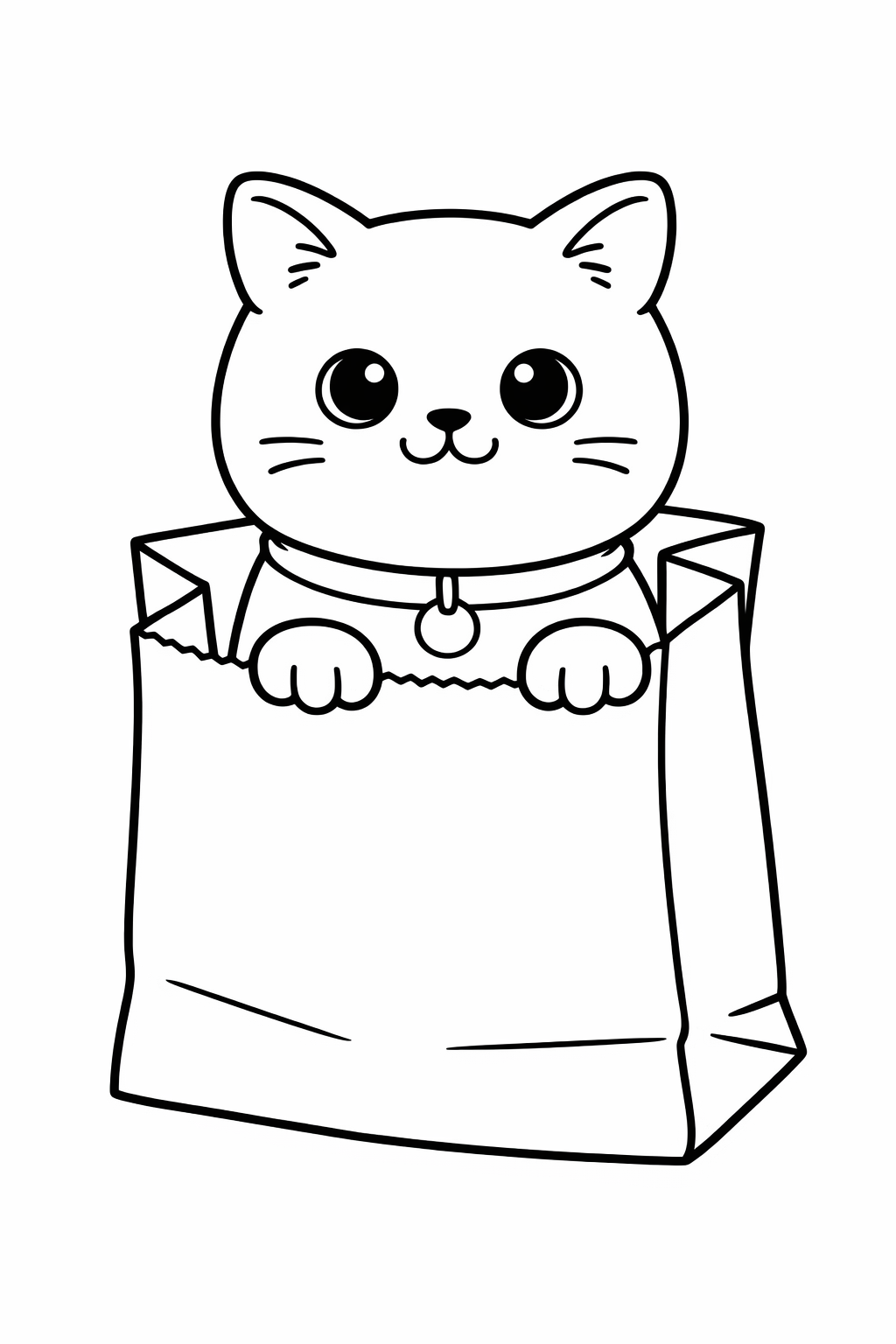 A British Shorthair cat peeking out from a simple paper bag.