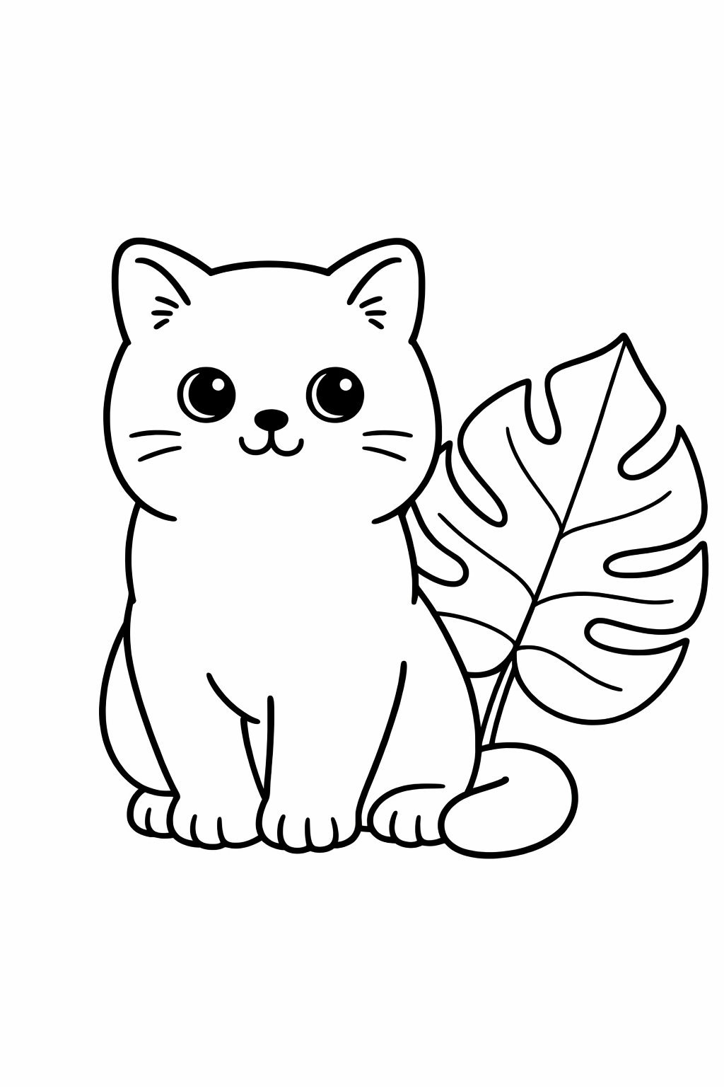 A British Shorthair cat sitting next to a single big leaf (different from hiding behind it).