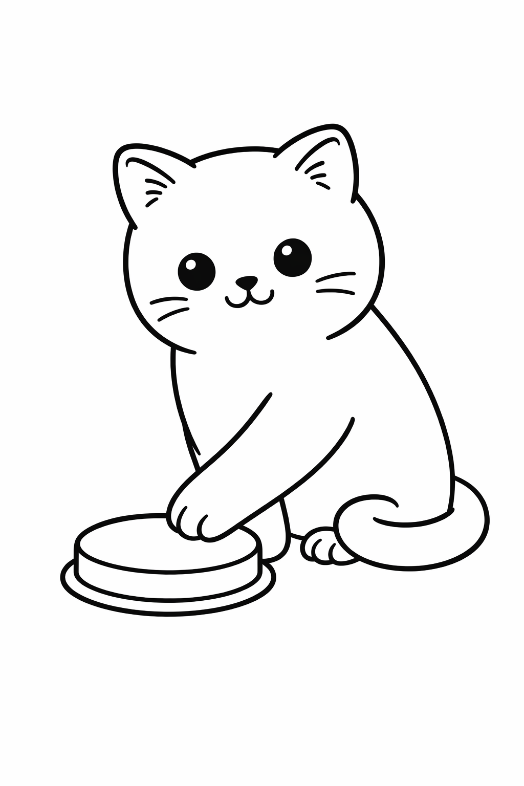 A British Shorthair cat gently pushing a big round button on the floor.