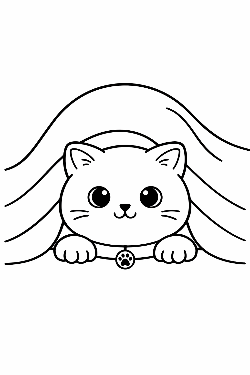 A British Shorthair cat hiding under a blanket edge with only head and paws showing.