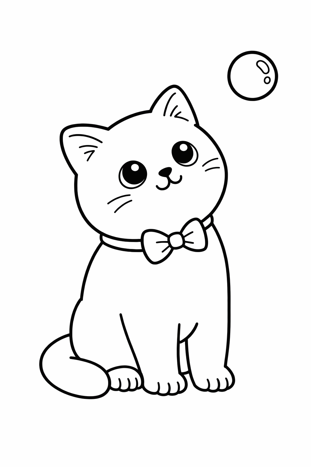 A British Shorthair cat standing and looking up at a single floating bubble.