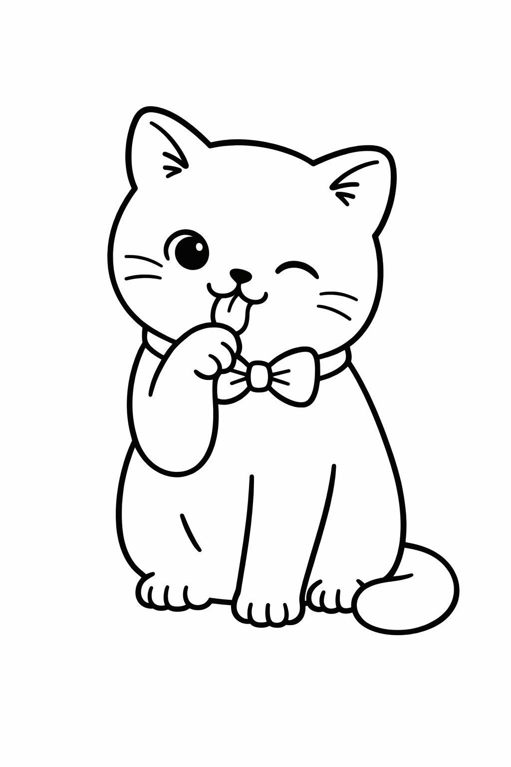 A British Shorthair cat licking one paw while sitting still.