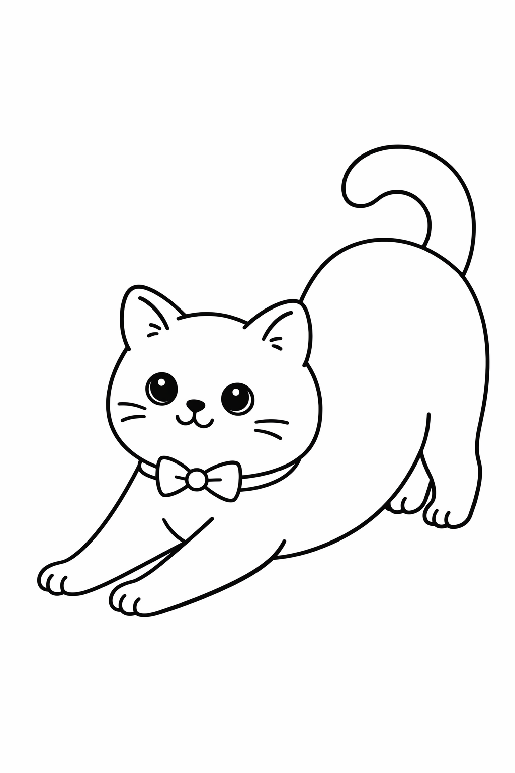 A British Shorthair cat stretching with front paws forward and back legs still.