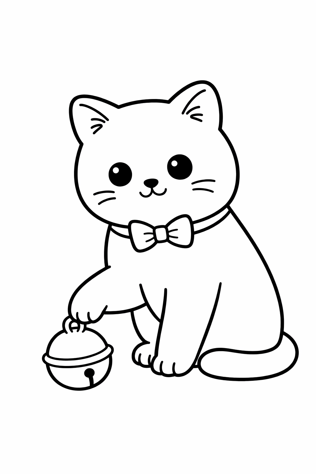 A British Shorthair cat gently patting a small round bell.