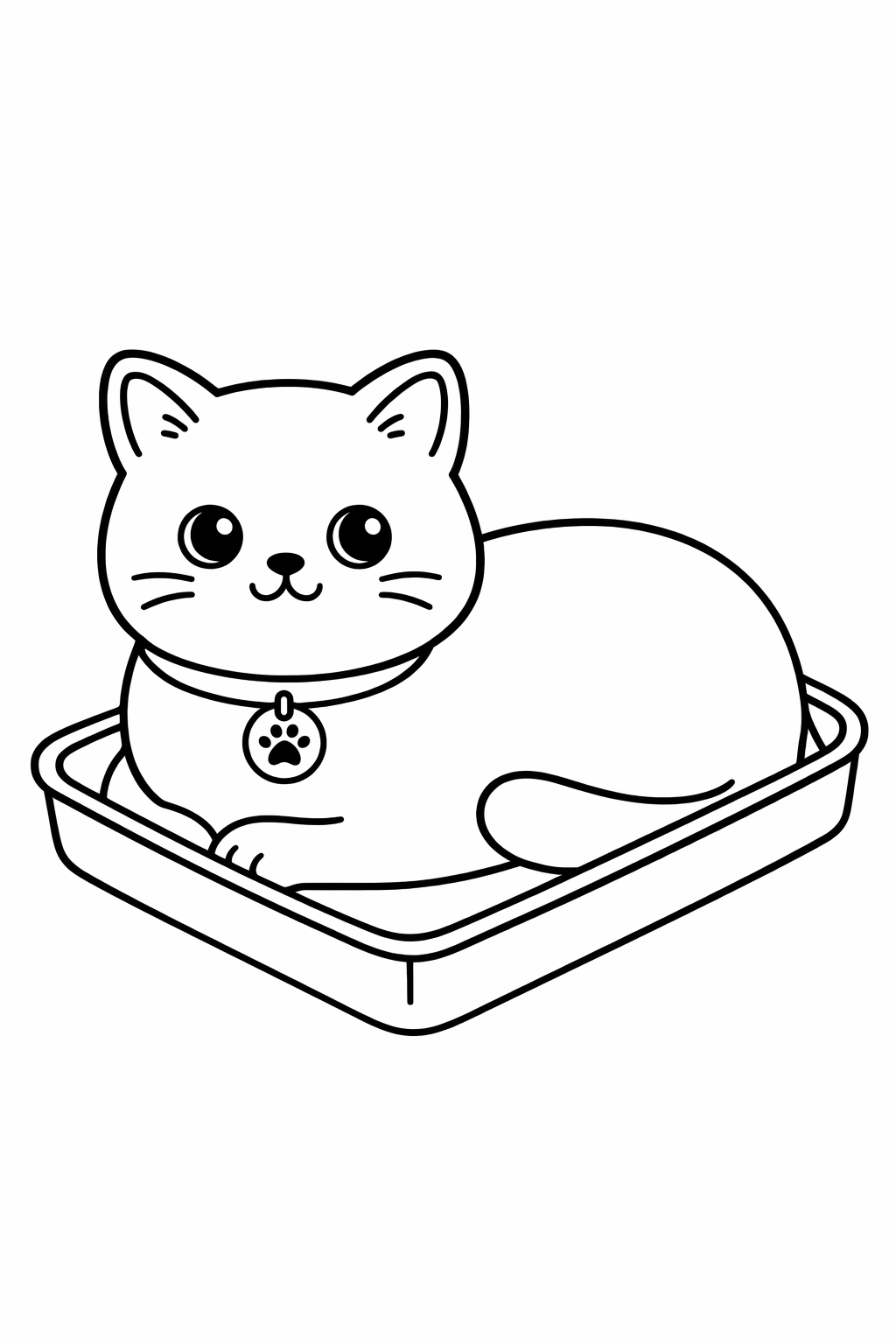A British Shorthair cat lying in a shallow tray like a loaf shape.