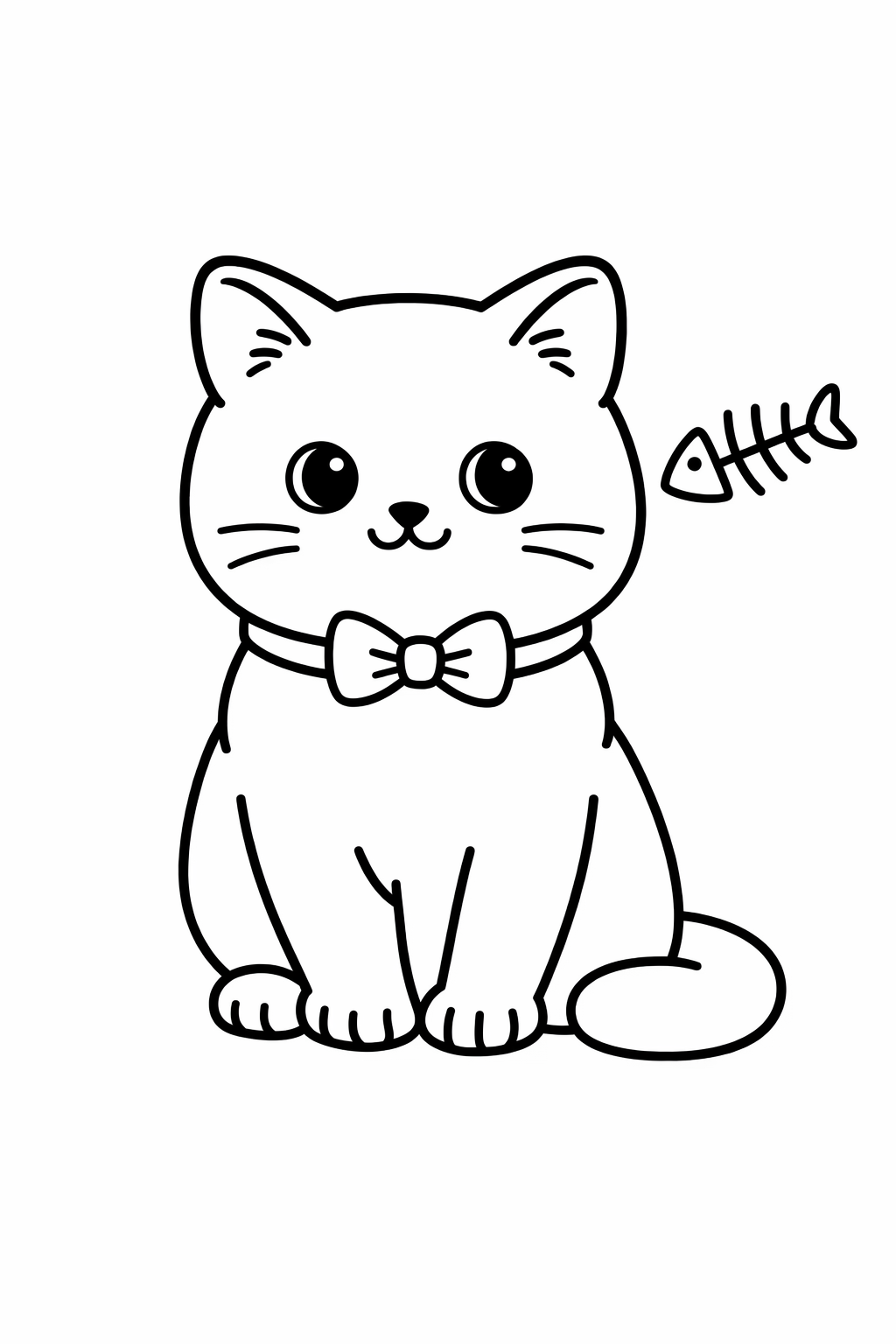 A British Shorthair cat sitting and looking at a single fishbone icon.