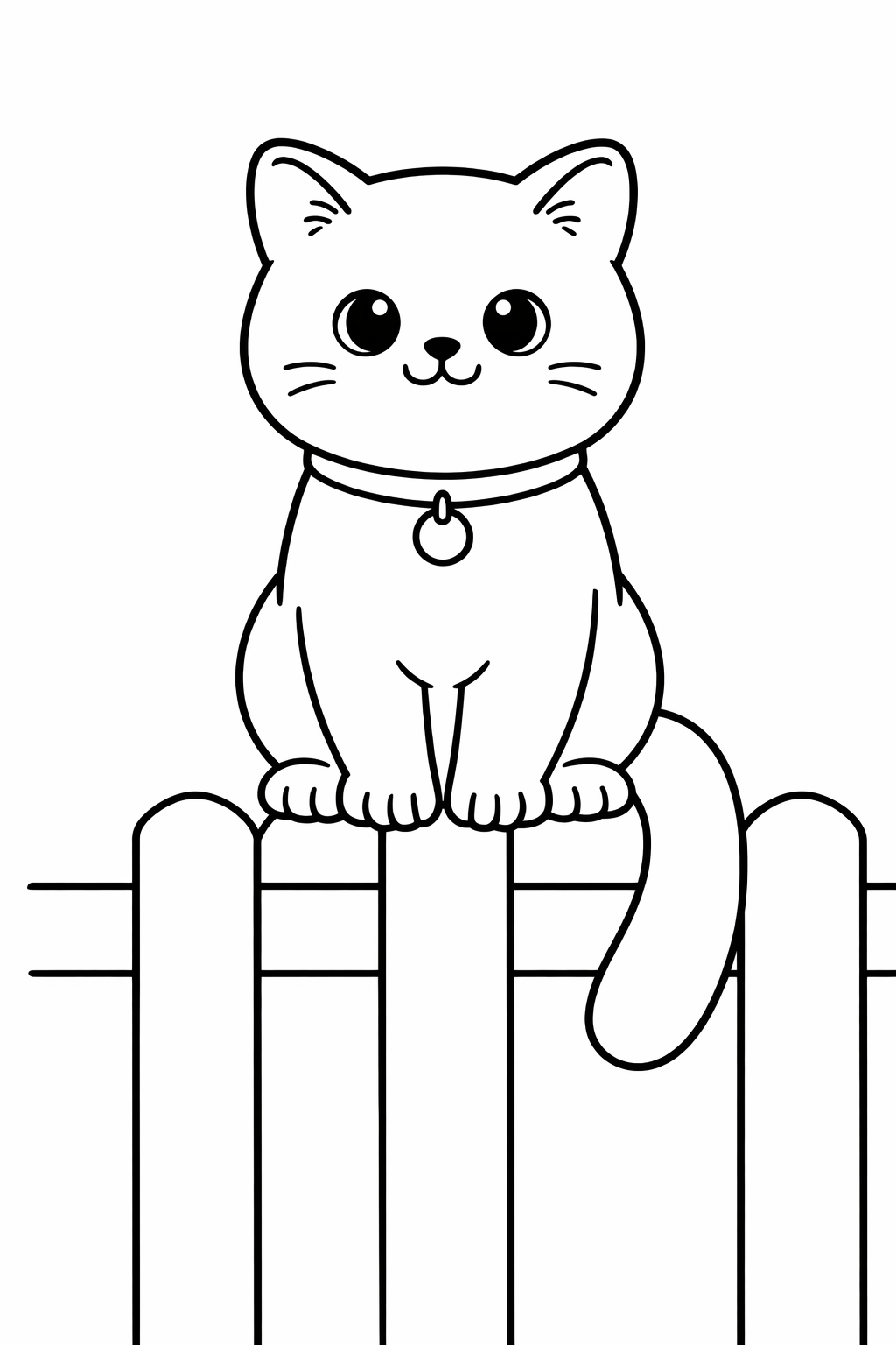 A British Shorthair cat sitting on a low fence with tail hanging down.