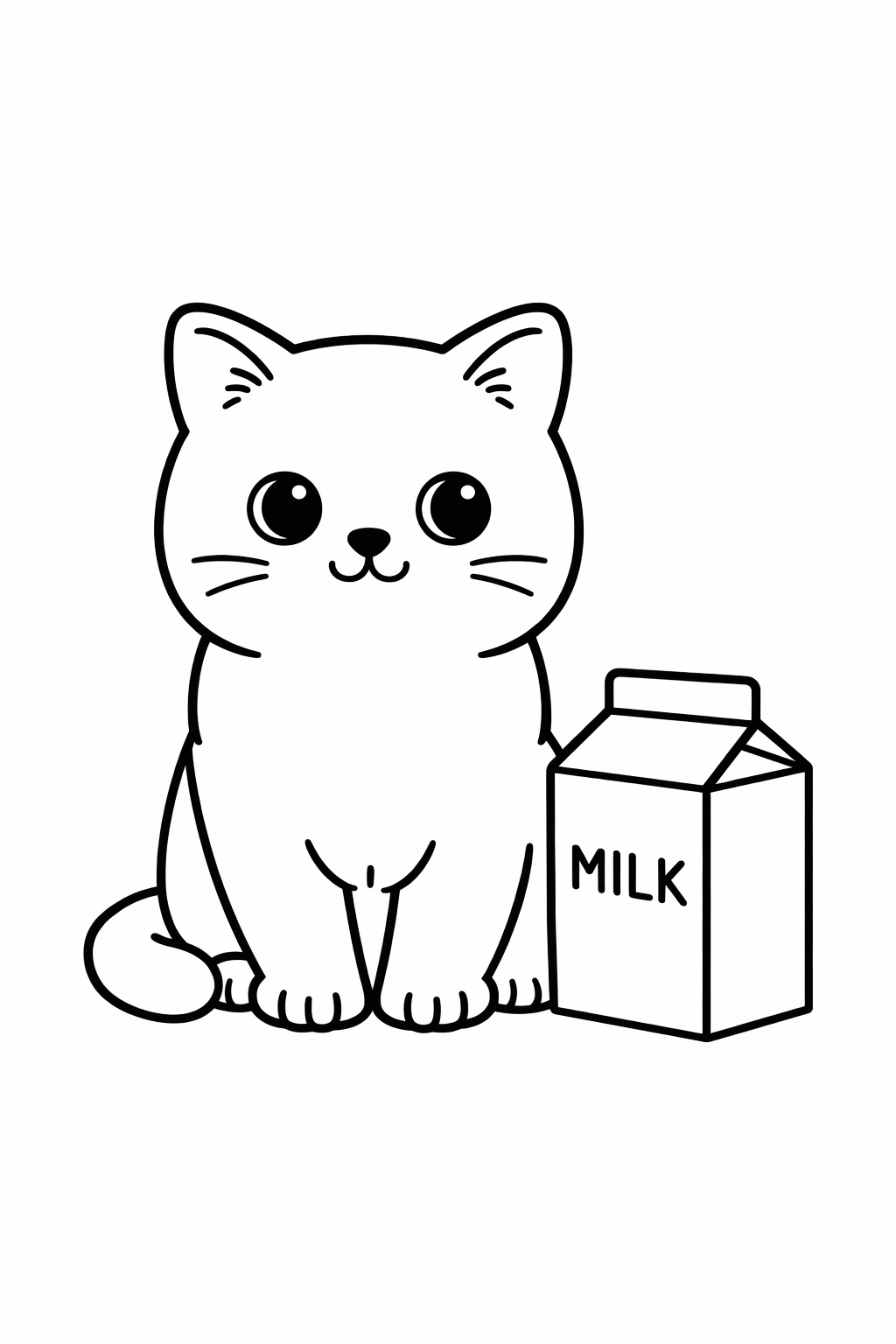 A British Shorthair cat sitting with a simple milk carton beside it.