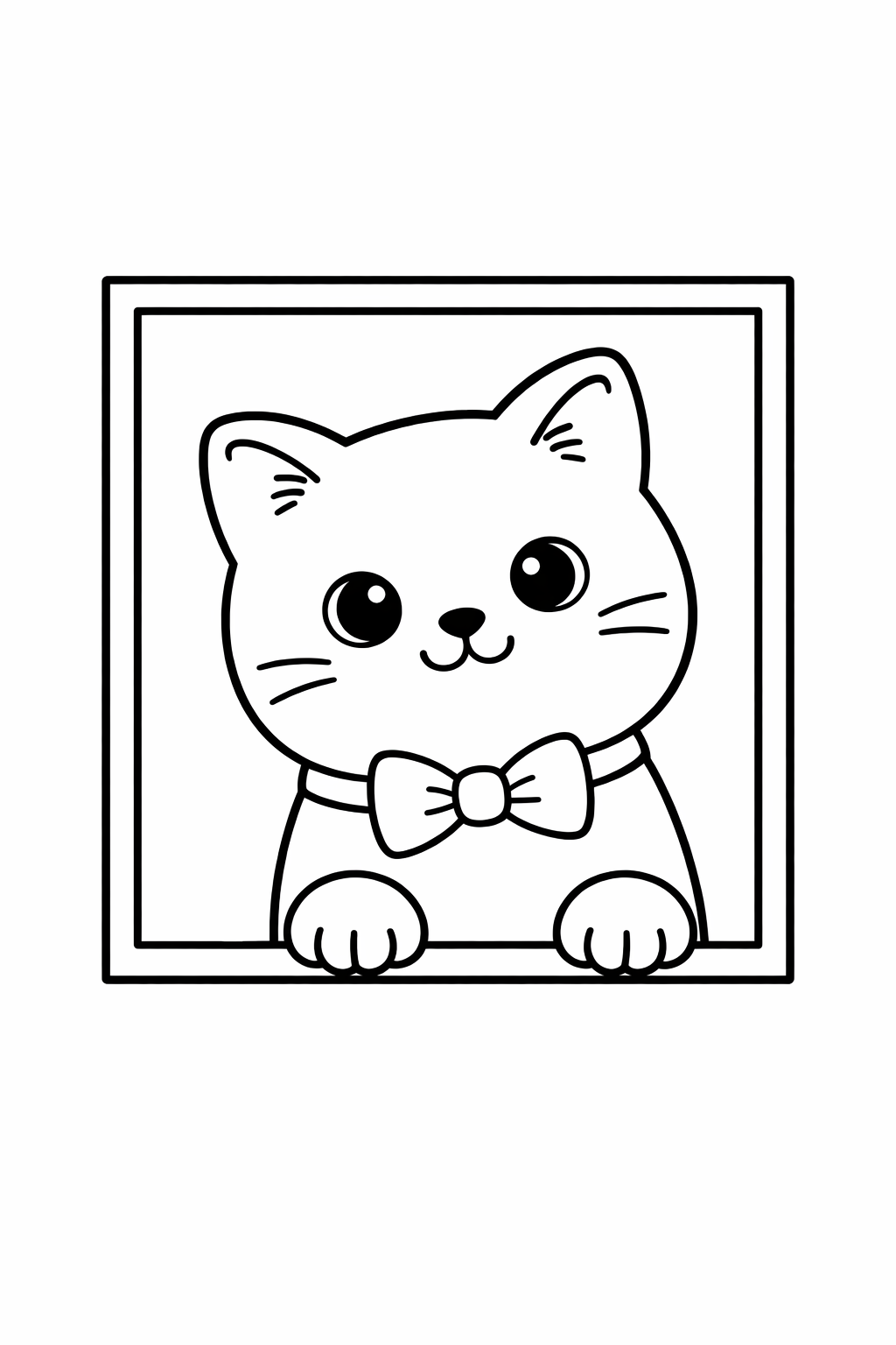 A British Shorthair cat peeking through a simple window frame (square).