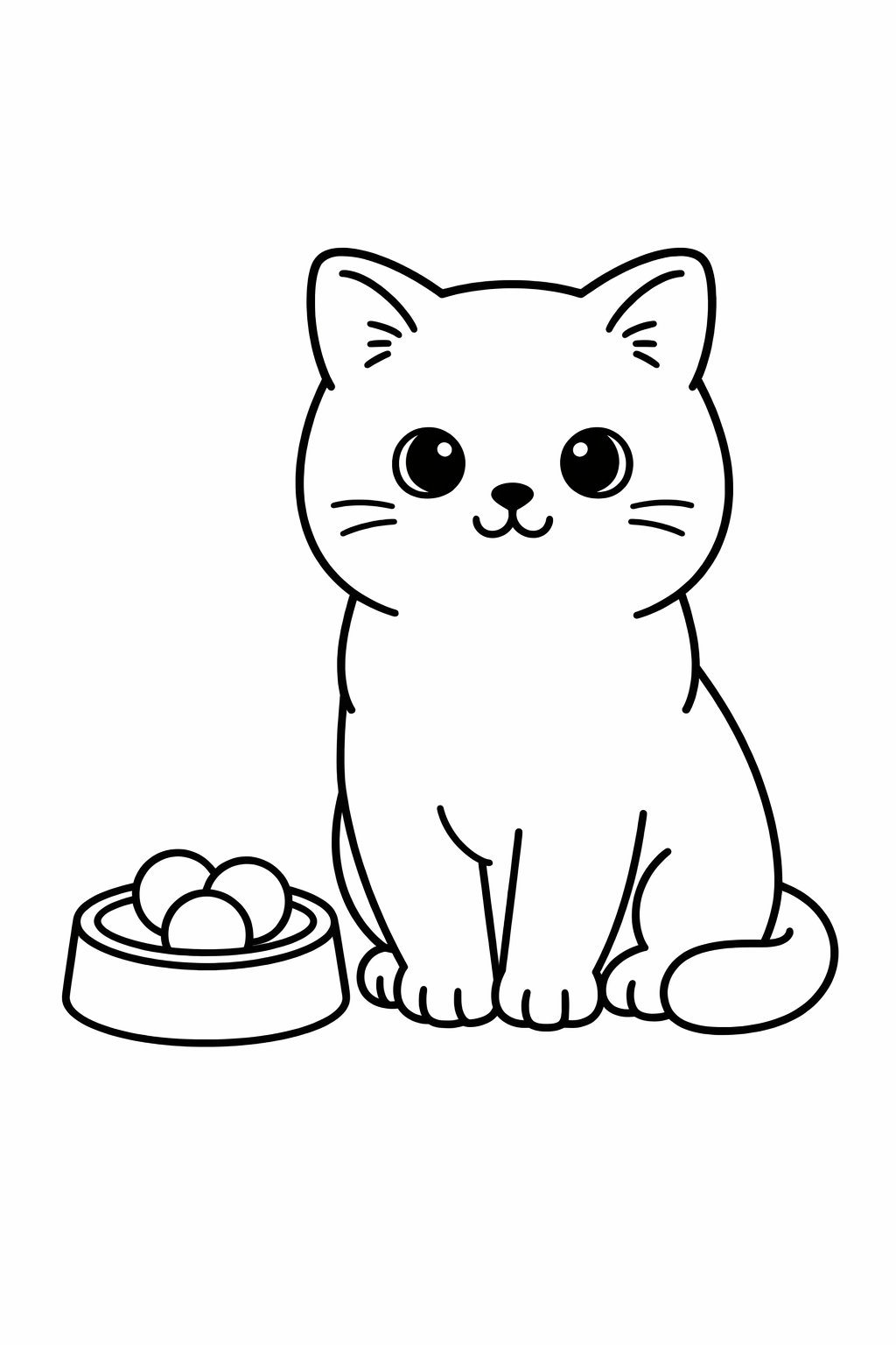 A British Shorthair cat sitting beside a simple bowl of three big kibble circles.