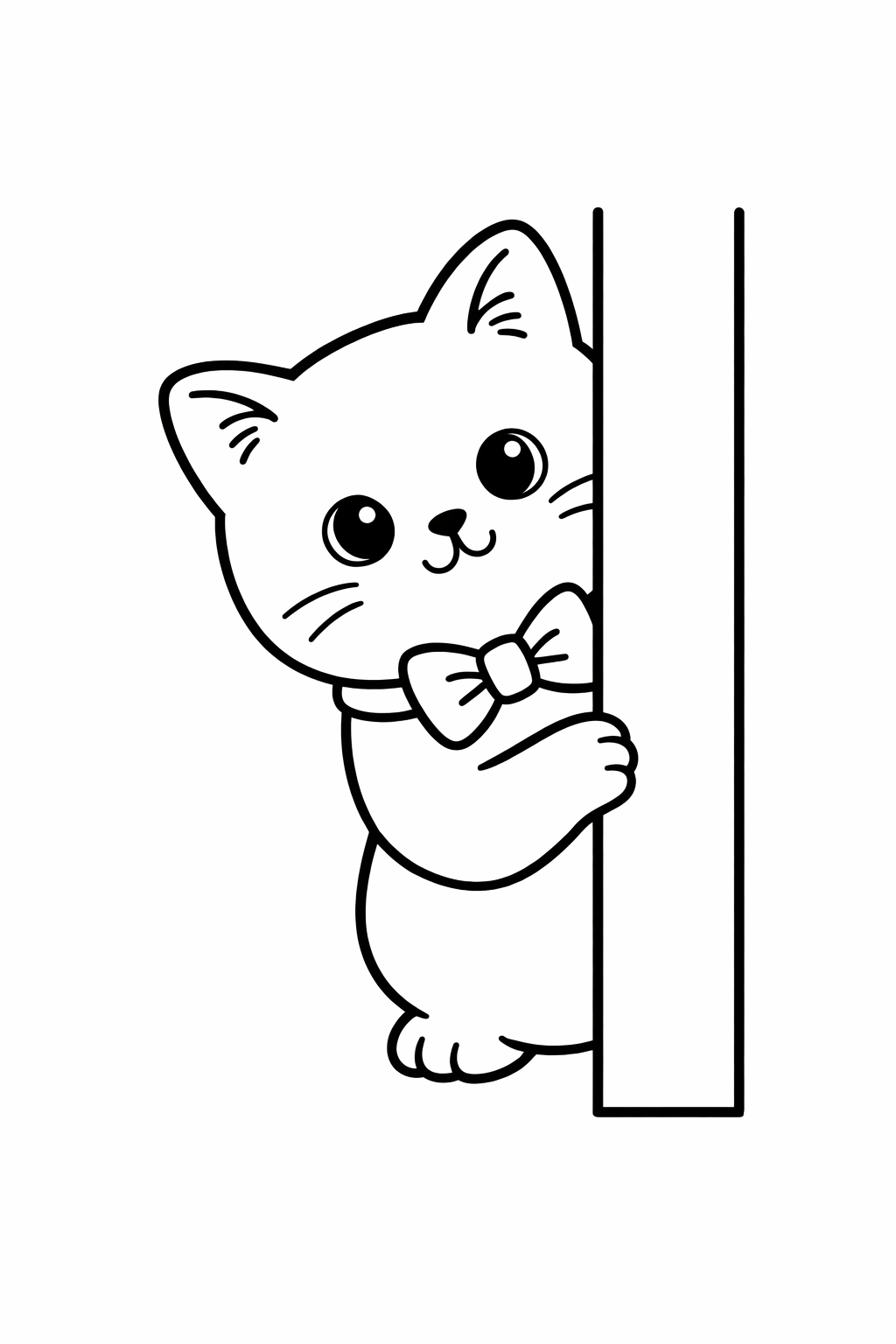 A British Shorthair cat peeking from behind a simple chair leg (one rectangle).