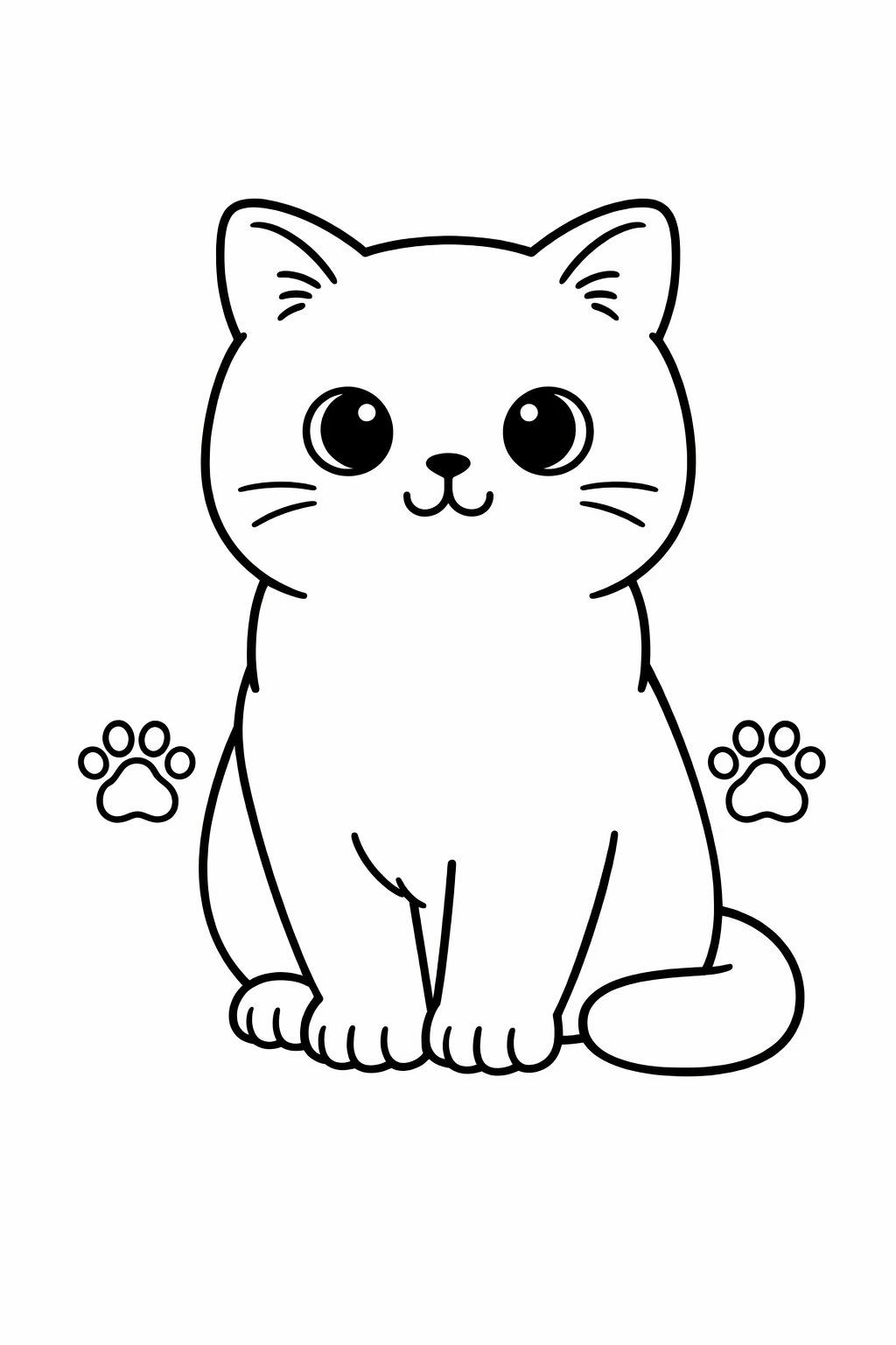 A British Shorthair cat sitting with two small footprints behind it (no movement).