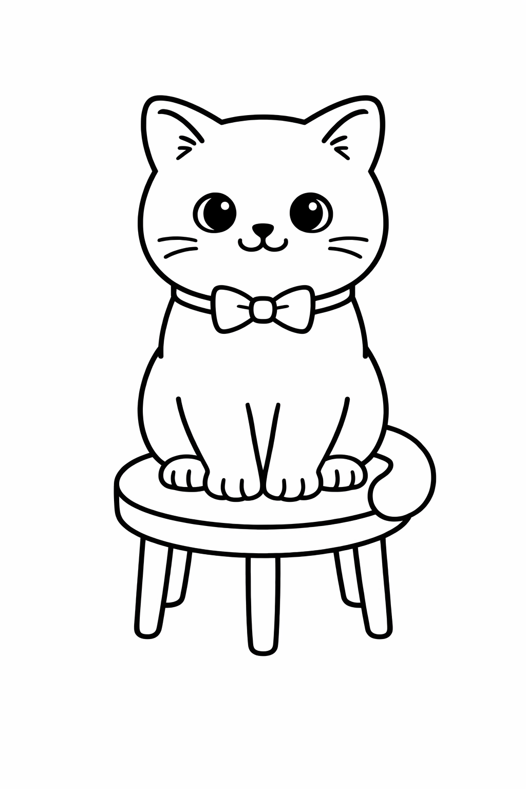A British Shorthair cat sitting on a simple round stool.