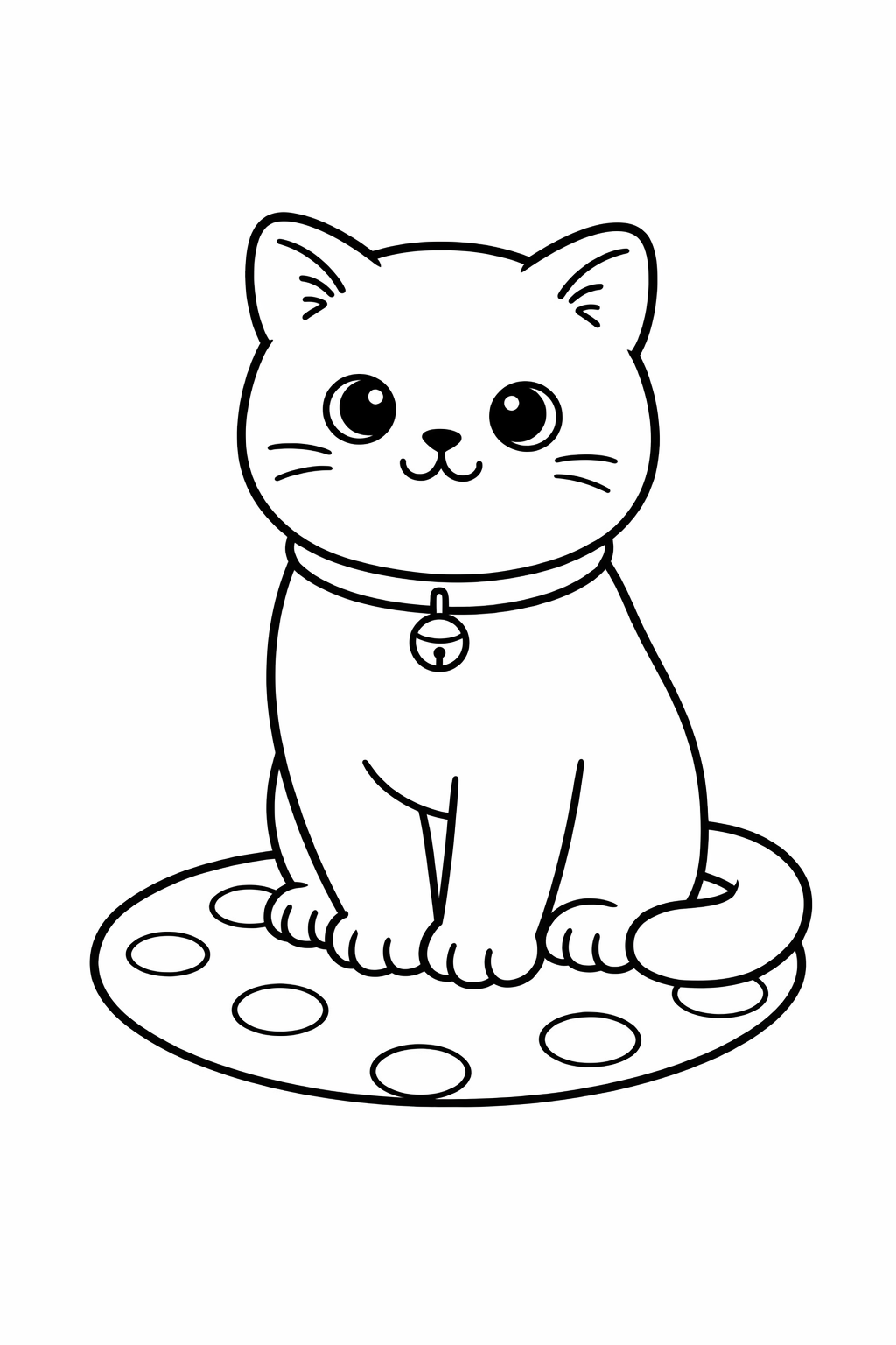 A British Shorthair cat standing on a simple round mat with dots (few big dots).
