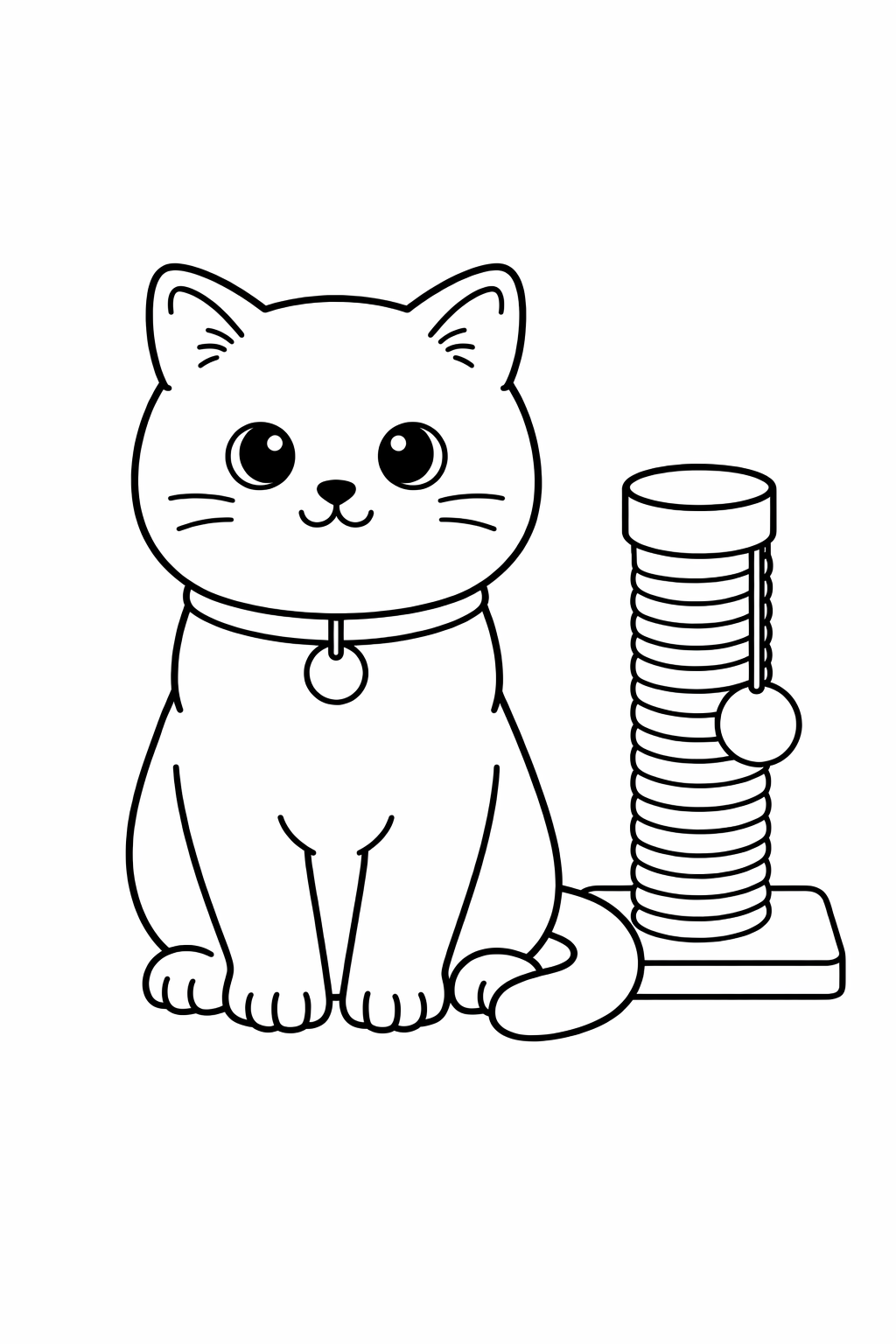 A British Shorthair cat standing next to a simple scratching post.