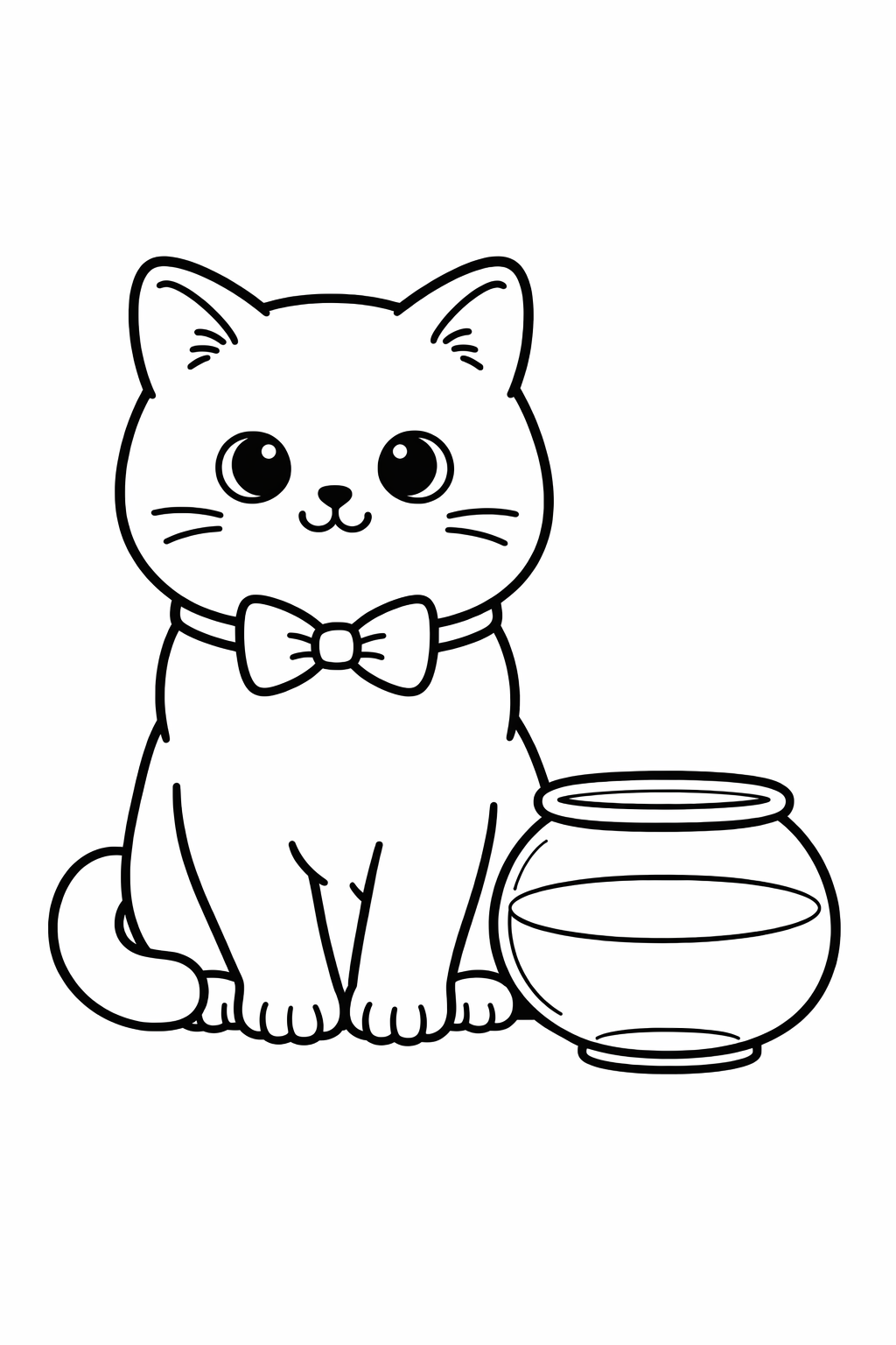 A British Shorthair cat sitting beside a simple fish bowl (empty, no water detail).