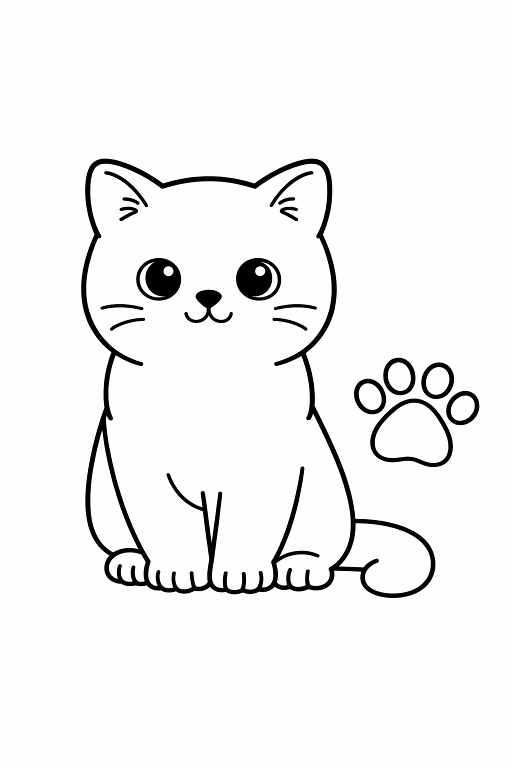 A British Shorthair cat sitting next to a simple paw-print symbol.