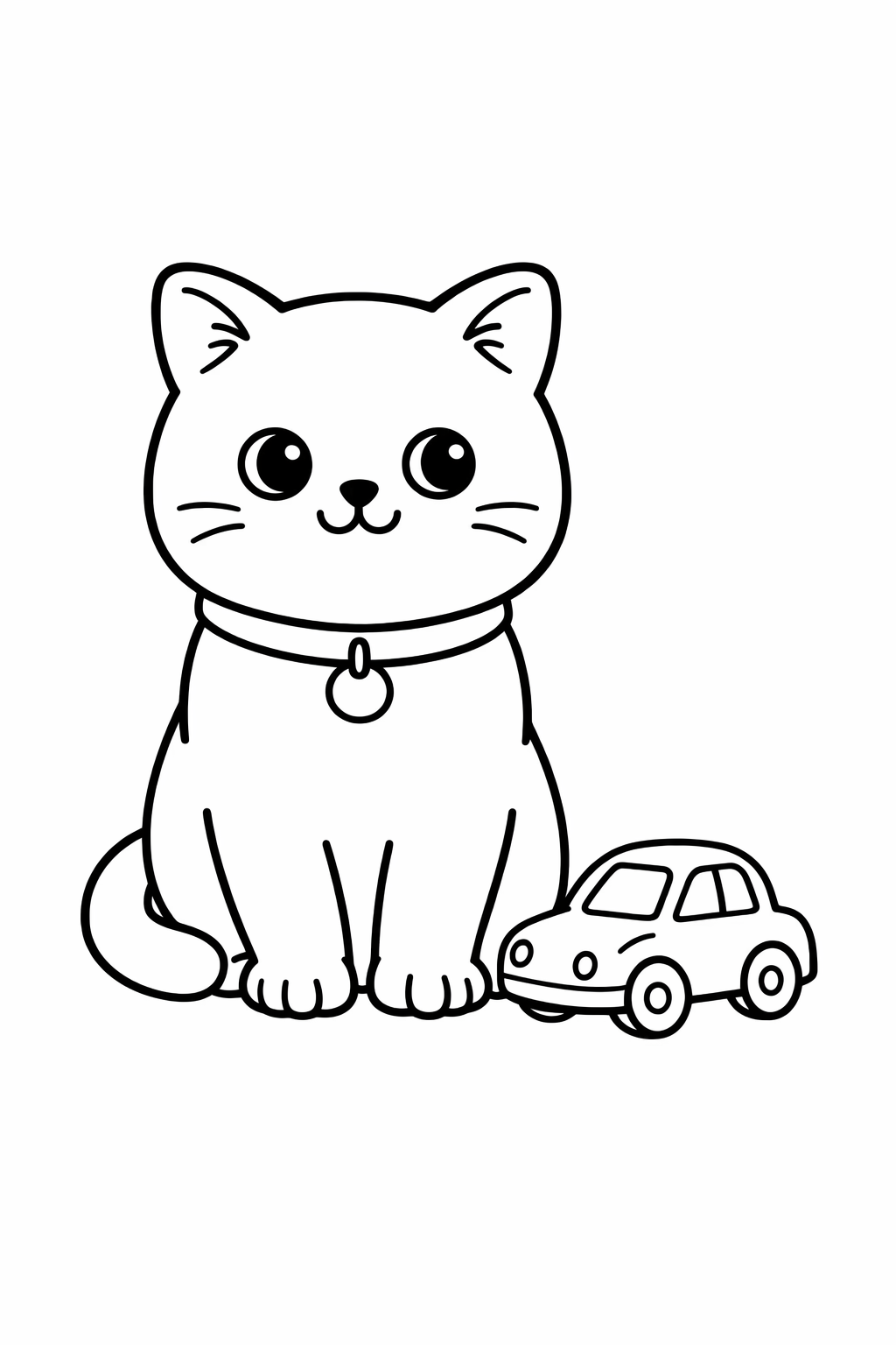 A British Shorthair cat standing next to a single simple toy car.