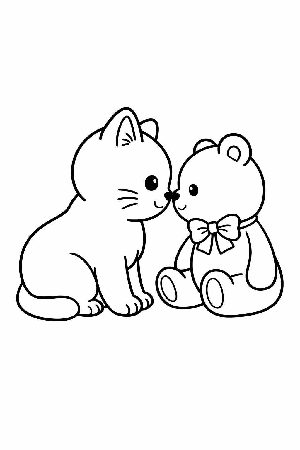 A British Shorthair cat touching nose-to-nose with a simple teddy bear (two big shapes).