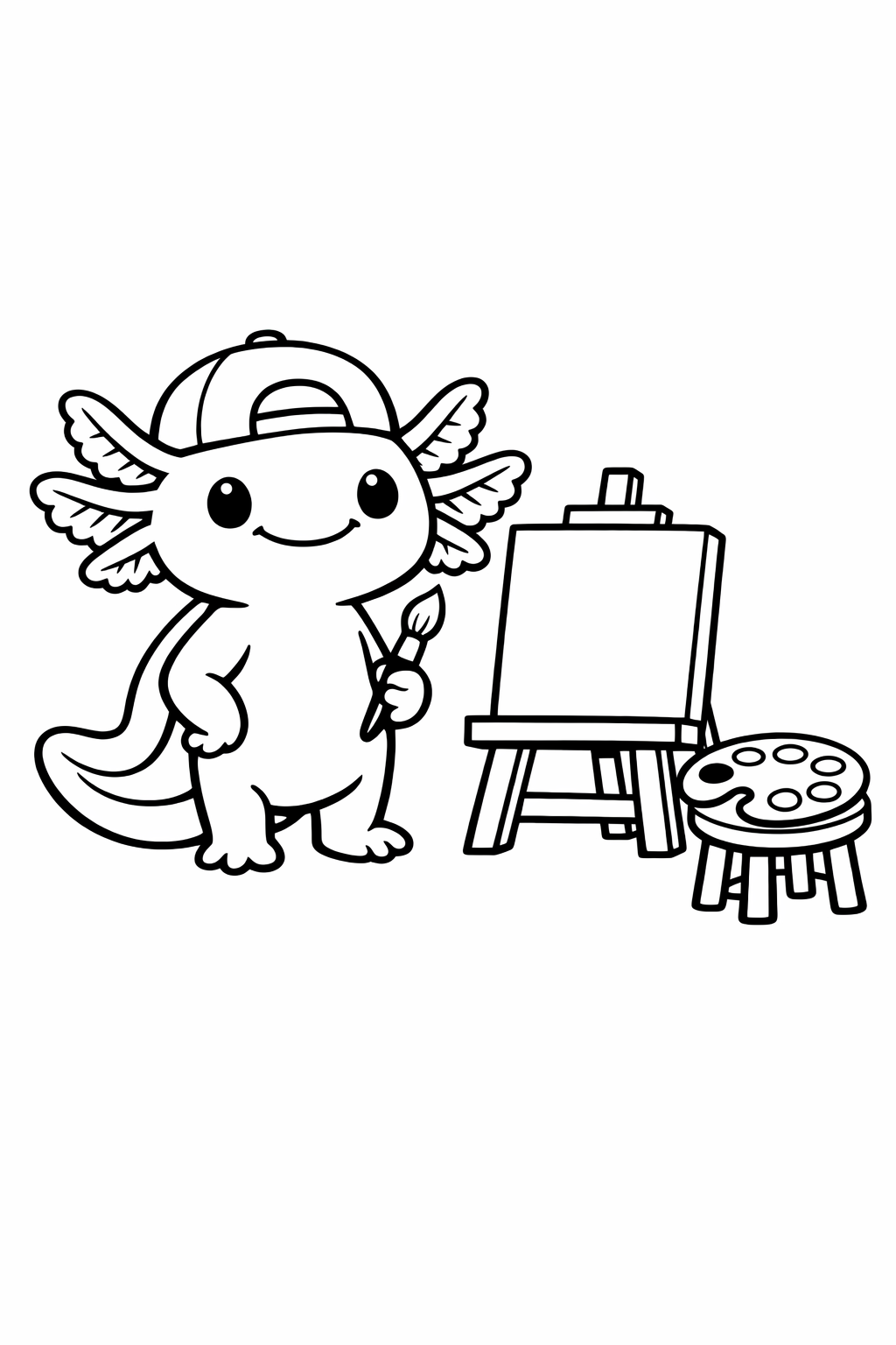 Axolotl at a small art easel