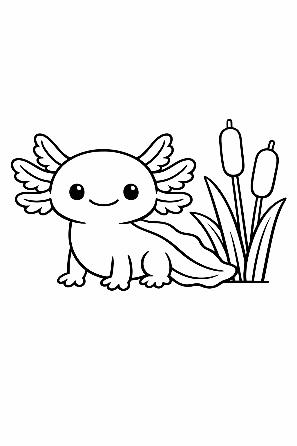 Axolotl next to a simple reed plant