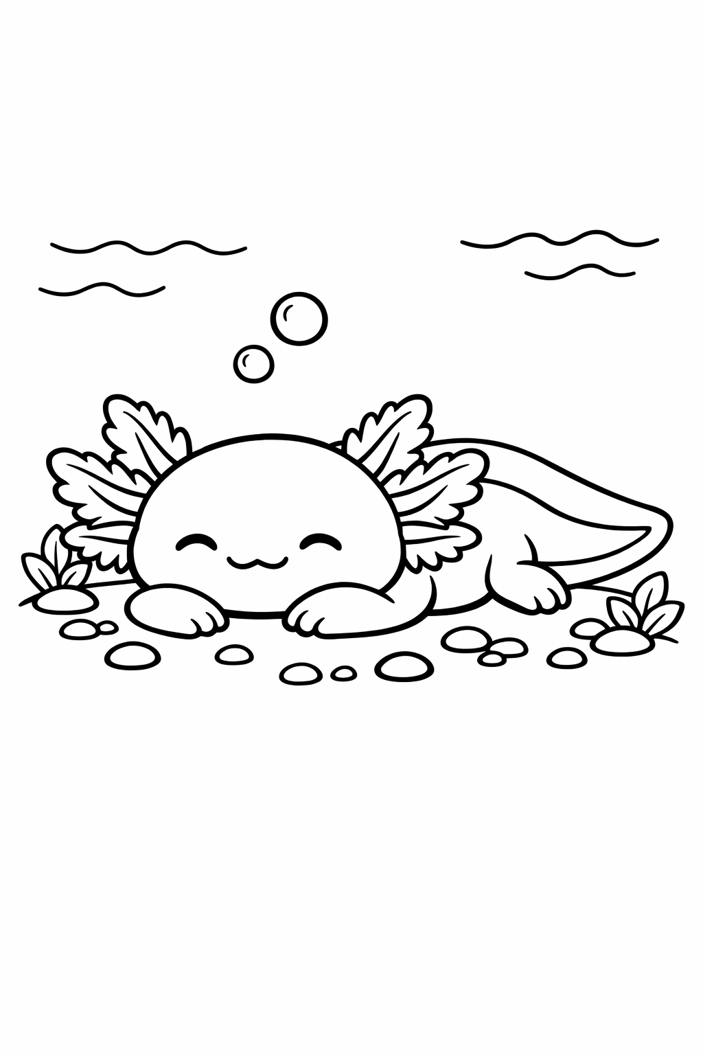 Axolotl resting on the lake bottom, tiny pebbles