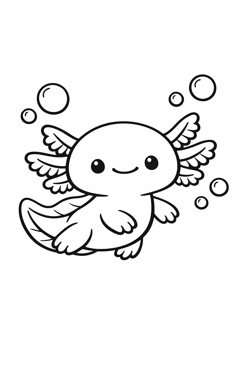 Axolotl swimming gently, small bubbles
