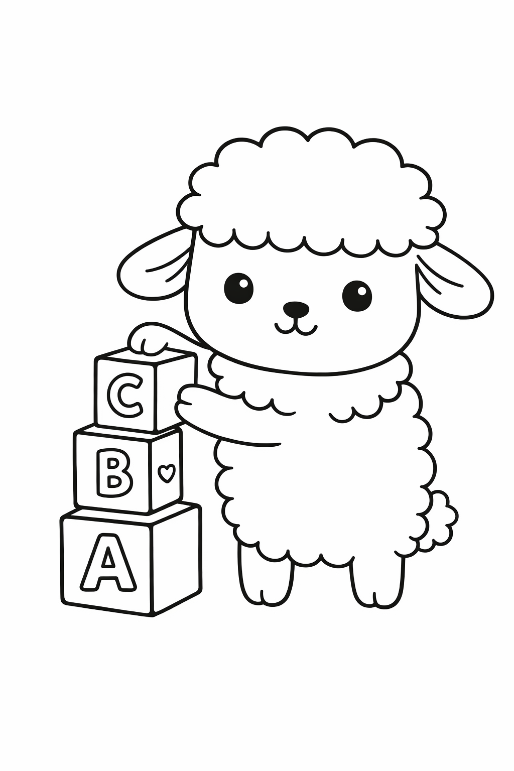 A cute lamb stacking three blocks.
