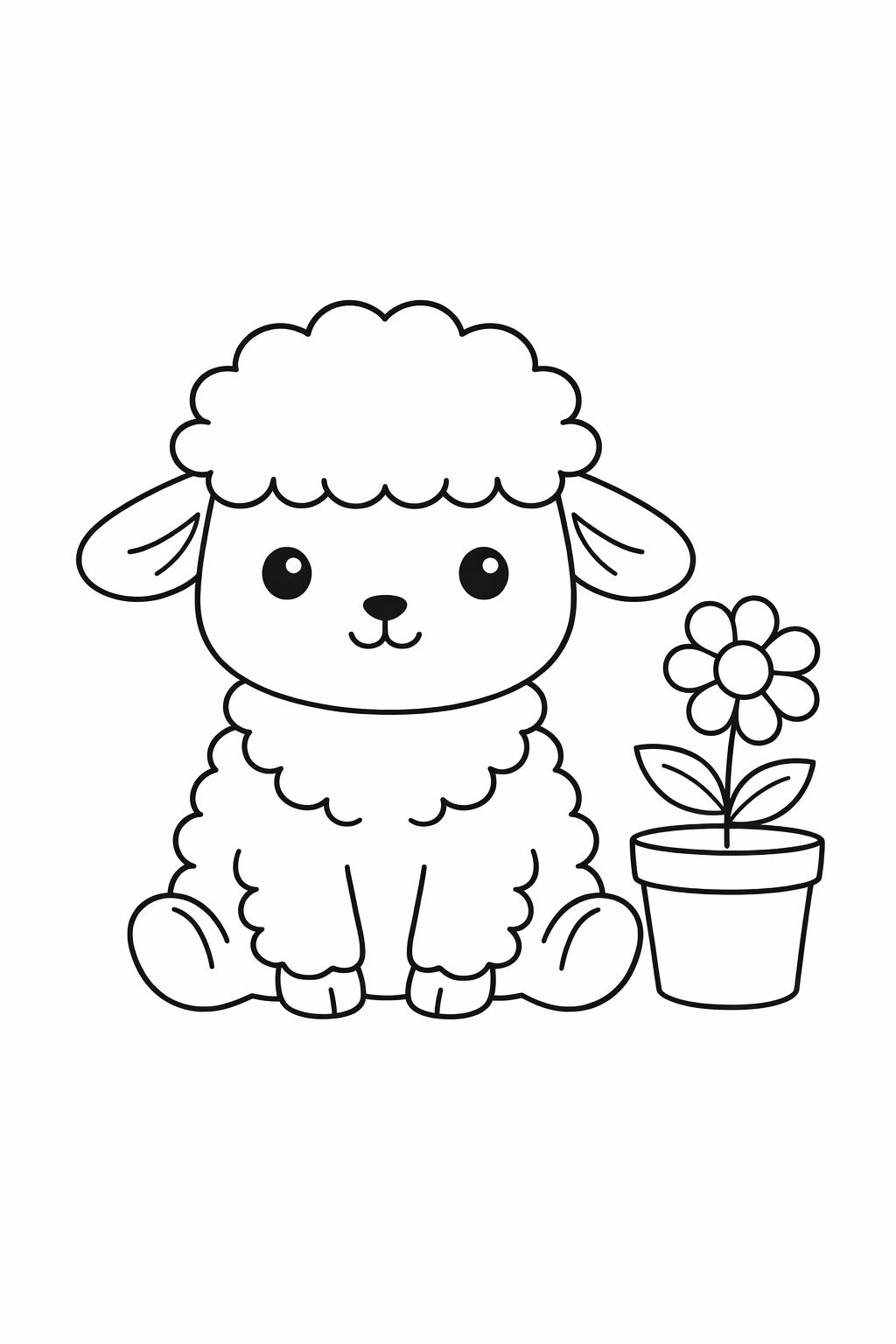 A cute lamb sitting next to a simple object.