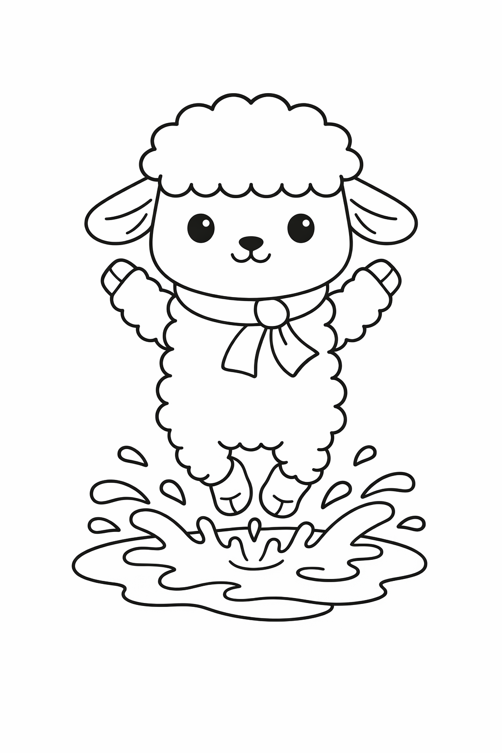 A cute lamb jumping in a puddle.