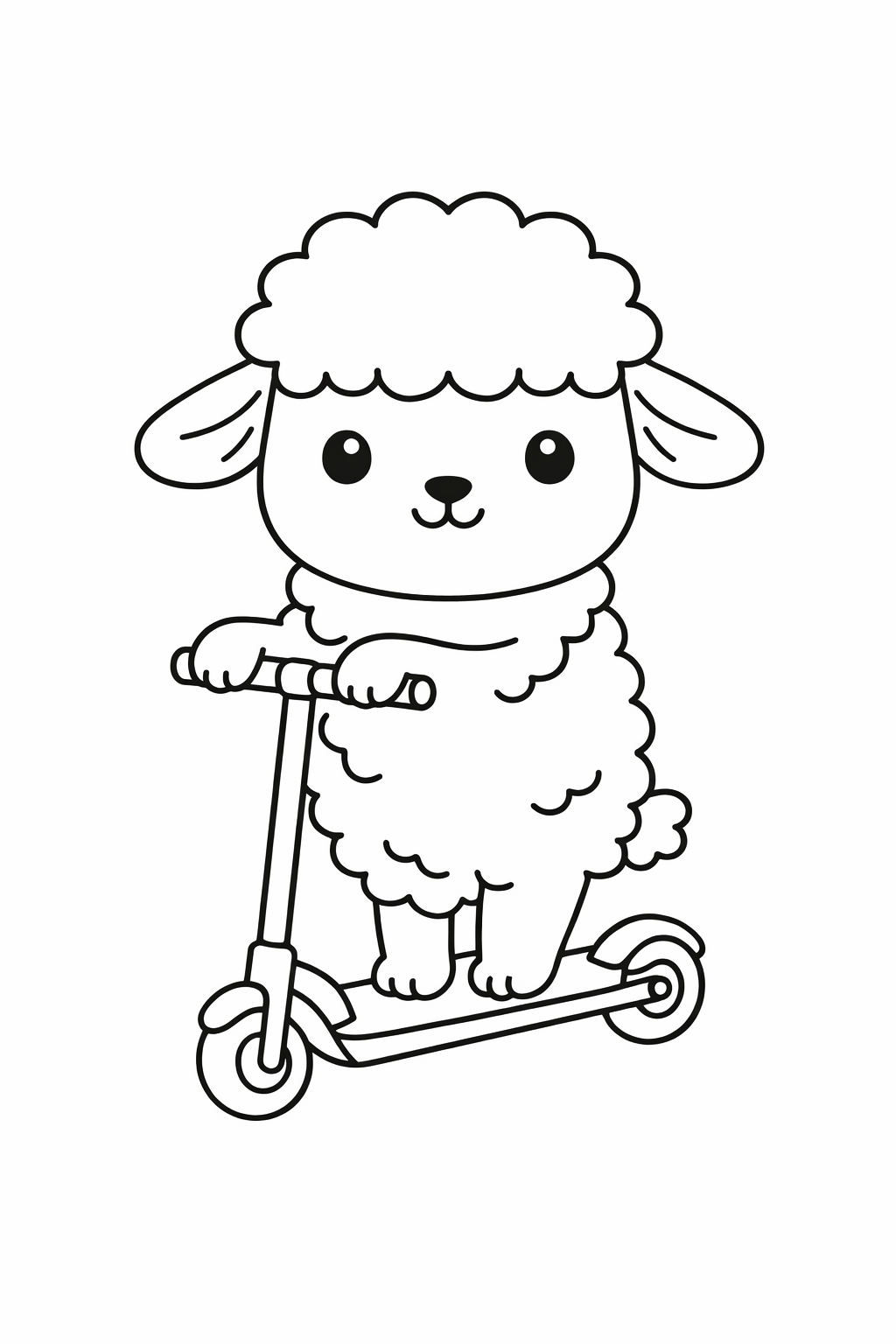 A cute lamb riding a scooter.