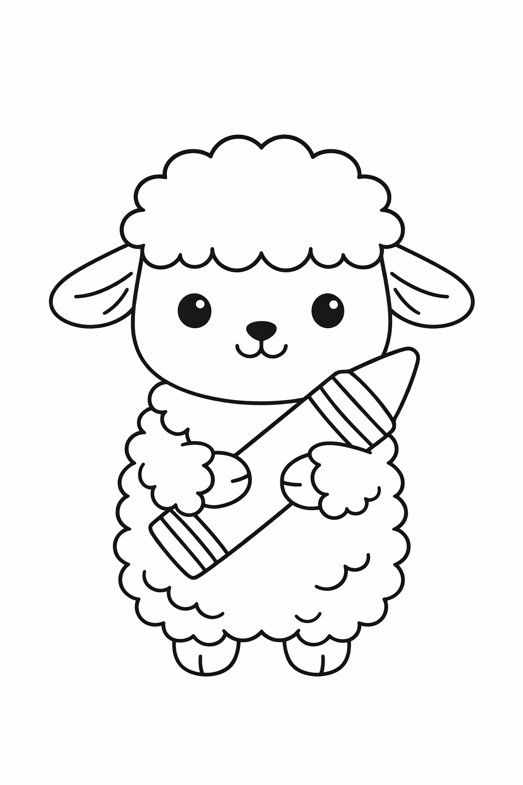 A cute lamb holding a crayon.
