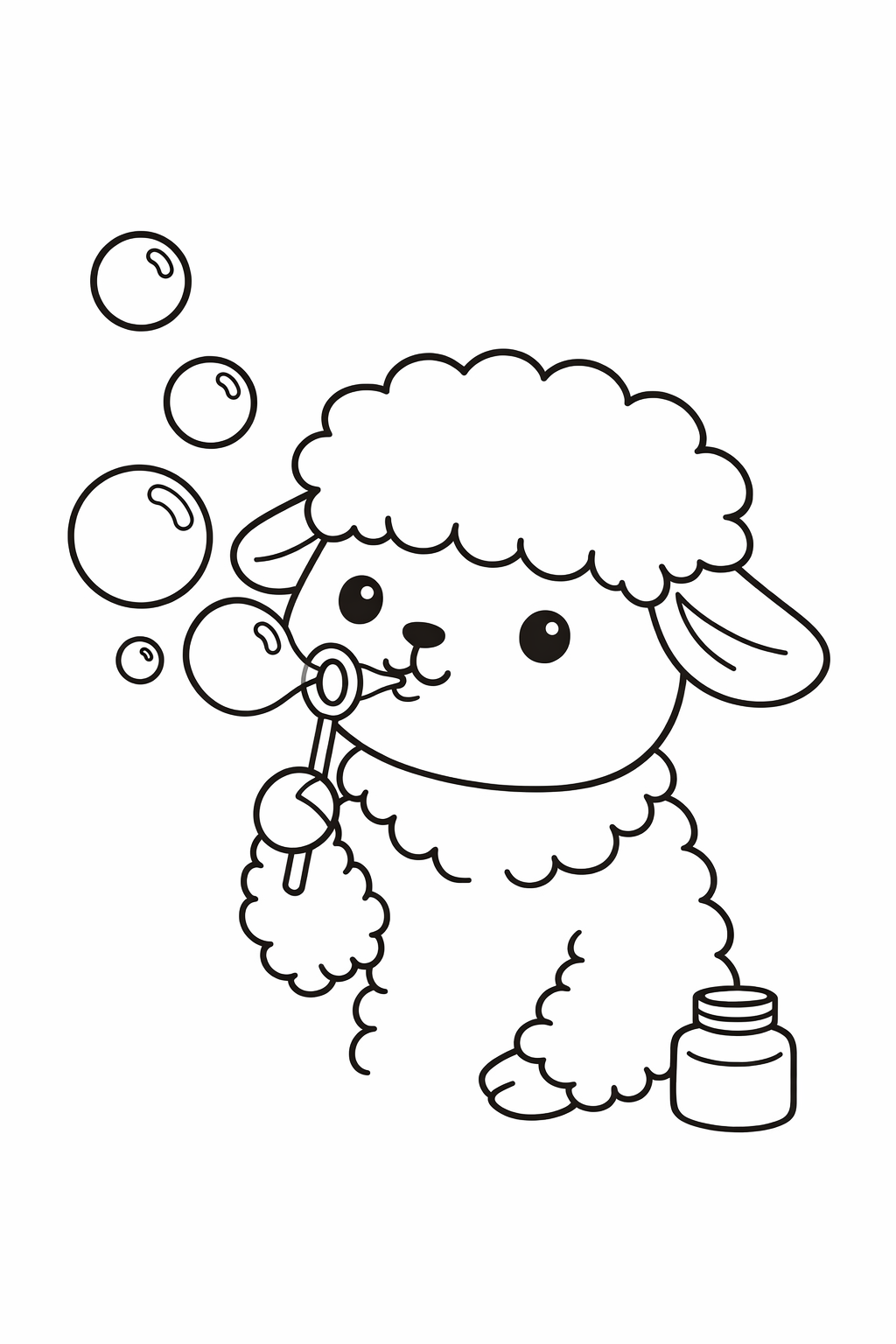 A cute lamb blowing bubbles with a bubble wand.