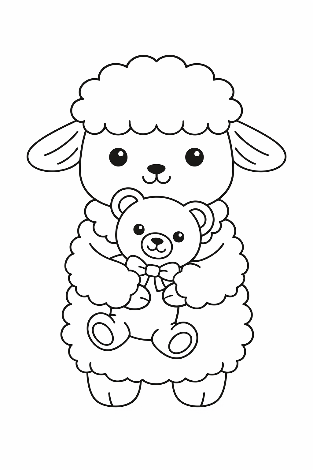 A cute lamb hugging a teddy bear.