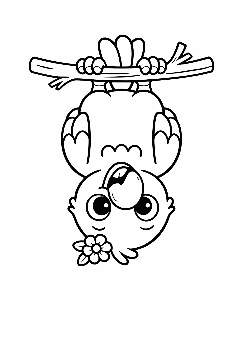 A cute parrot hanging upside down