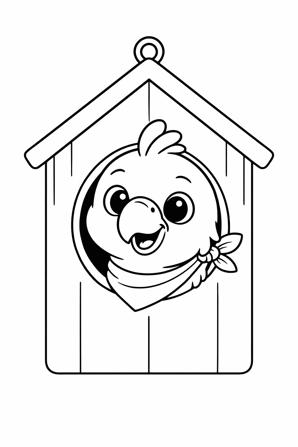 A cute parrot peeking out of a birdhouse