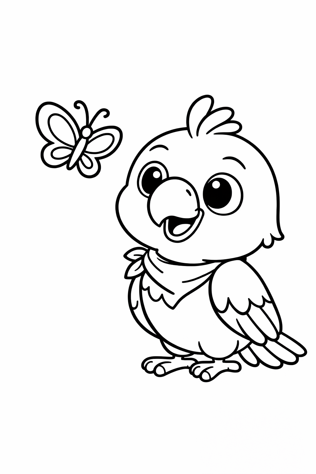 A cute parrot looking at a butterfly