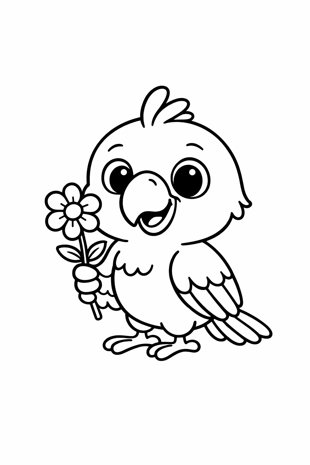 A cute parrot holding a flower