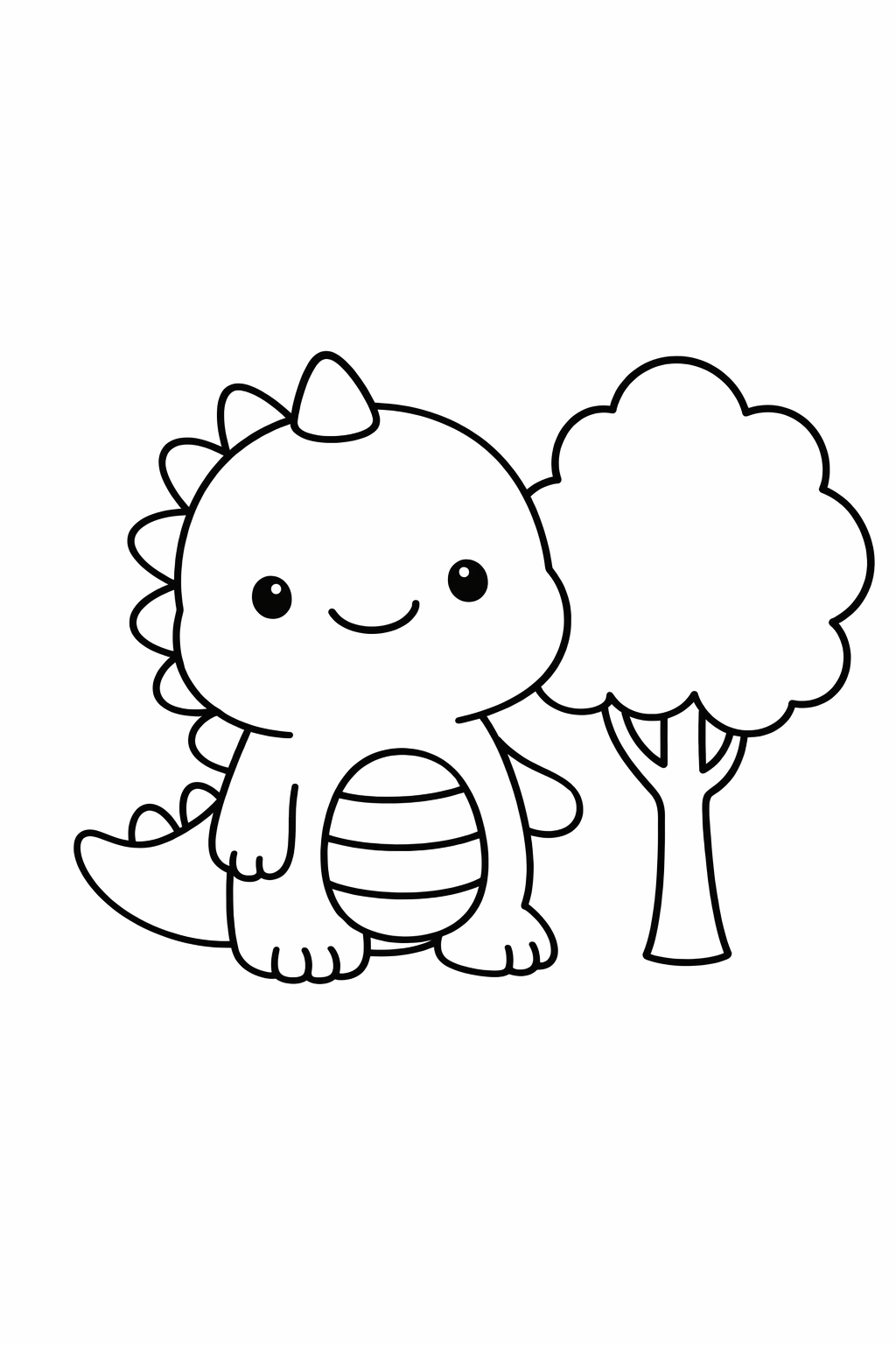 A dinosaur standing next to a single tree (simple trunk and round top).