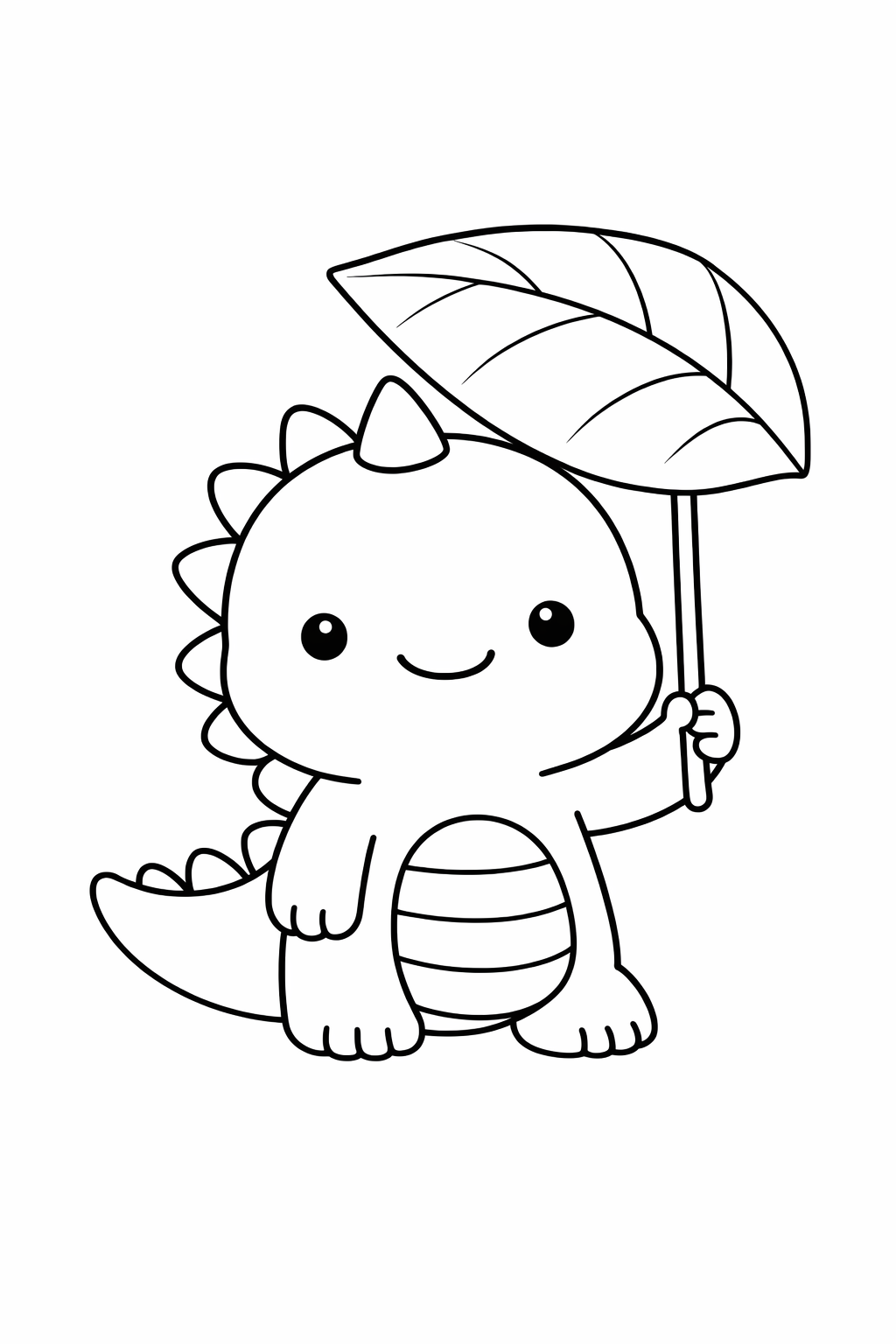 A dinosaur holding a big leaf like an umbrella.