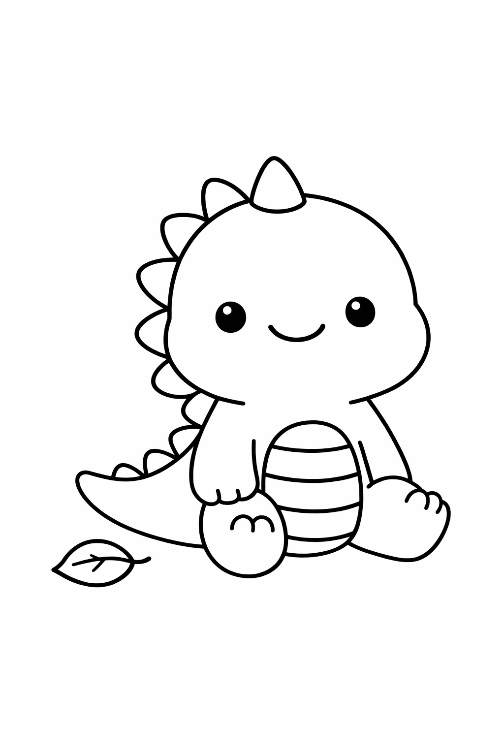 A dinosaur sitting next to a single leaf on the ground.