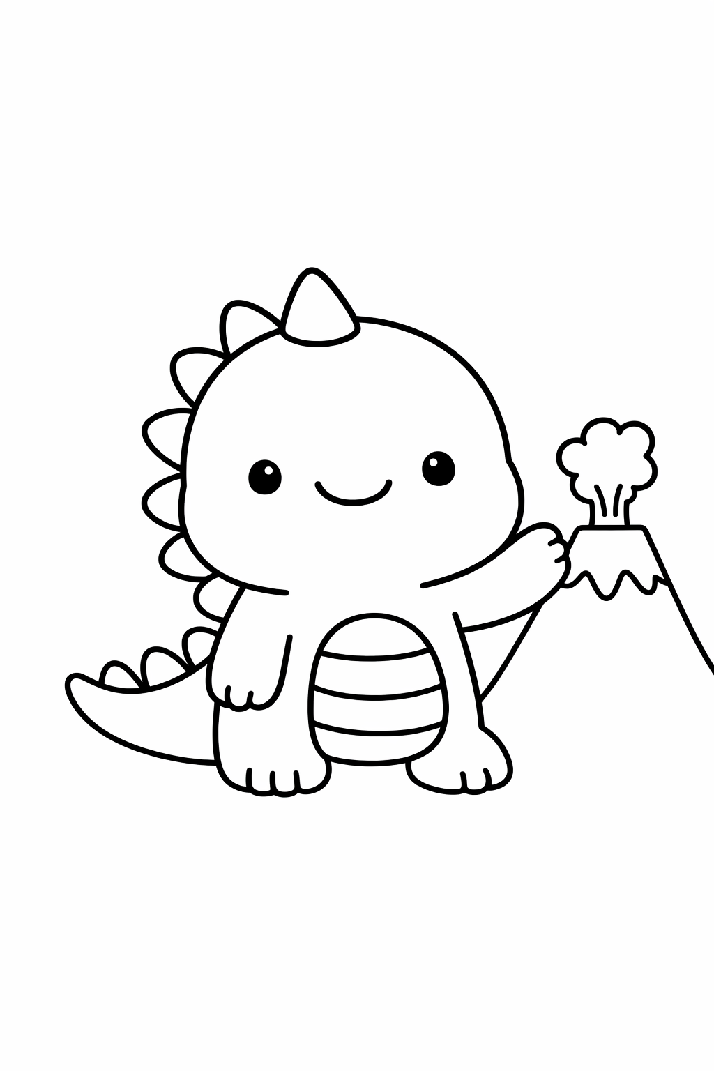 A dinosaur standing next to a single volcano shape (simple triangle).