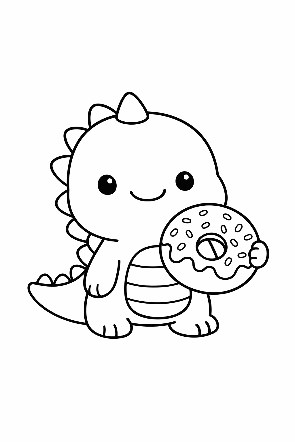 A dinosaur holding a donut with a big hole.