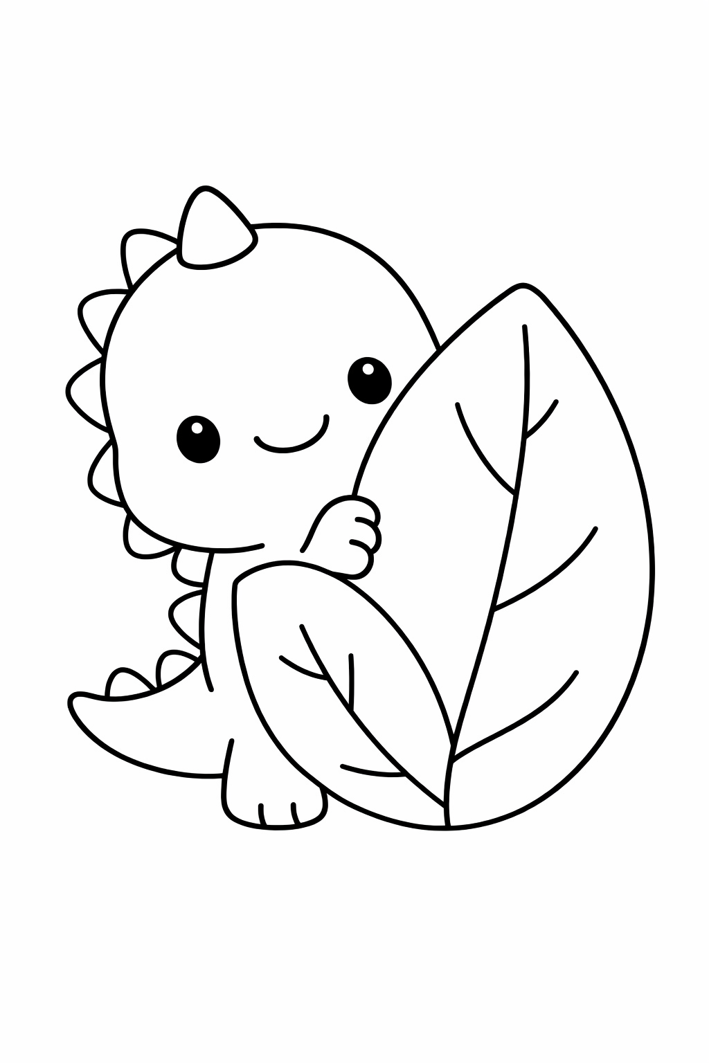 A dinosaur peeking out from behind a big leaf.